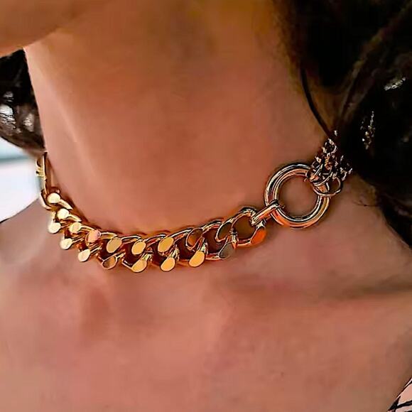 Handmade Gold Chain Link O Ring Choker Statement Stainless Steel Gold Plated - Picture 1 of 9